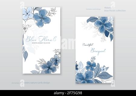 Schöne blaue Aquarell Blumen Karten Sammlung. Dekorativer Vektor floral elegant kann als Postkarten, Grußkarte, Jubiläum, Weddi verwendet werden Stock Vektor