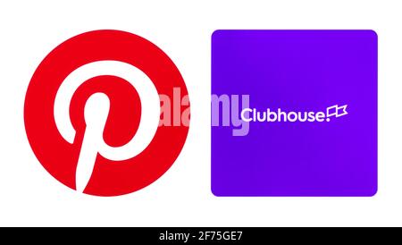 Kiew, Ukraine - 24. März 2021: Populäre Social-Media-Icons, gedruckt auf weißem Papier, wie: Pinterest und Clubhouse. Clubhouse ist nur für Einladungen vorgesehen Stockfoto