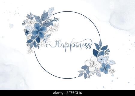 Schöne blaue Blumenstrauß Illustration im Kreis Rahmen auf Oberfläche Flecken Aquarell entworfen. Dekorativer Vektor floral elegant kann als Backg verwendet werden Stock Vektor