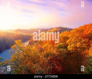 Großbritannien, Schottland, Fluss Garry und Wald, Herbst, Dämmerung, Stockfoto