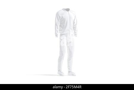 Weißer Sport-Trainingsanzug mit Bomber, Hose und Sneakers-Mockup Stockfoto