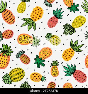 Ananas Nahtloses Muster. Dekorative Ananas mit verschiedenen Texturen in warmen Farben. Exotische Früchte Hintergrund für Mode-Print Textilgewebe Stockfoto