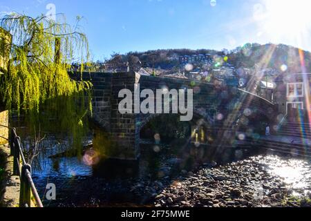 Packhorse Bridge, Hebden Water, Hebden Bridge, Calderdale, West Yorkshire Stockfoto