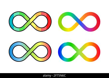 Unendlich Schleife Regenbogen Icon Set. Konzept der Neurodiversität. Symbol für die Akzeptanz von Autismus. Set aus vier bunten Endlosschleifen. Variationen im menschlichen Geist.Vektor Stock Vektor