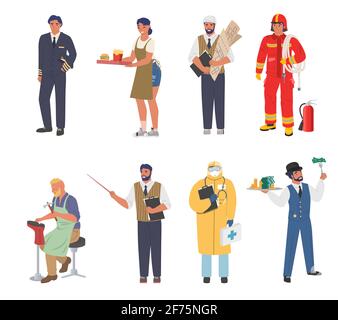 Menschen in verschiedenen Berufen und Berufen, Arbeiter in Uniform, Zeichentrickfilm-Zeichensatz, flache Vektor-Illustration. Stock Vektor