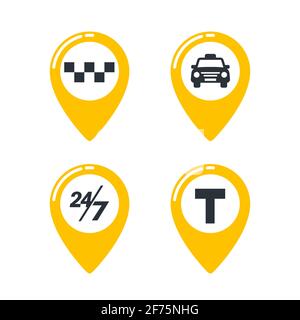 Symbole für den Taxidienst. Taxi Karte Pins mit Checkers, Taxi-Auto, T-Zeichen und 24-7-Zeichen auf weißem Hintergrund. lat-Stil Vektor-Illustration Stock Vektor