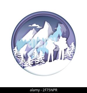 Papierschnitt Wanderer Paar Silhouetten, Winter Berge. Touristen mit Rucksäcken Wandern, Trekking, Vektor-Illustration. Stock Vektor