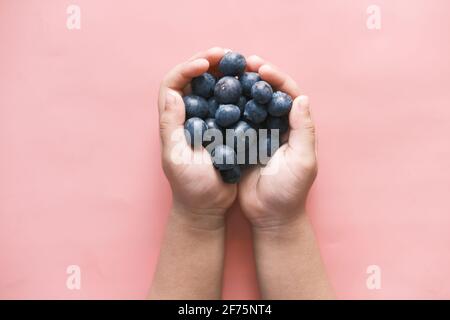 Kinderhand mit frischer blauer Beere auf rosa Hintergrund Stockfoto