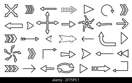 Symbole für flache Linien werden isoliert auf weißem Hintergrund gesetzt. Sammlung von Zeigerformen verschiedener Formen. Einfaches Cursorsymbol für Grafikdesign, mobile Apps, Web-Interface. Richtungsschild nach oben, unten, links, rechts Stock Vektor