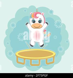 Niedliche glücklich Cartoon Einhorn springen Trampolin. Grußkarte. Stock Vektor