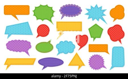 Farbenfrohe Sprechblasen im Retro-Stil mit Muster. Cloud-Sammlung im Vintage-Stil für Chat-Nachrichten. Verschiedene Formen leeren Textfeld Blase Banner. Zitat Etikett Rahmen für Frage, Antwort, Werbung Stock Vektor