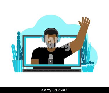 Vector flat Konzept mit Laptop und afroamerikanischen Mann (auf dem Bildschirm) zu Hause Recordind Video auf Webcam. Remote-Arbeit von Bloggern, Podcast-Hosts Stock Vektor