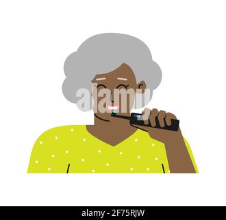Vektor-isolierte flache Illustration. Grauhaarige afroamerikanische ältere Frau putzt die Zähne mit einer elektrischen Zahnbürste, um ihre Gesundheit zu retten. Stock Vektor