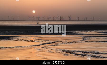 Ein Iron man steht am Ufer des Crosby Beach. Dies ist eine der hundert Iron Men Statuen, aus denen Antony Gormleys Another Place Art ins besteht Stockfoto