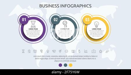 Moderne und einfache flache Vektorkreise Infografik mit 3 Schritten, Rhombus. Zeitachse für Diagramm, Diagramm, Workflow-Layout, Präsentationen, Flussdiagramm Stock Vektor