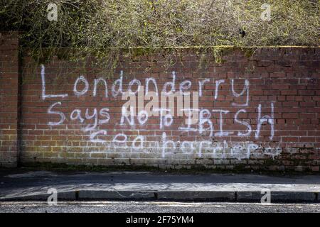 Graffiti an einer Wand am Ufer der Stadt Derry in der Grafschaft Londonderry mit der Botschaft „Londonderry Say No to Irish Sea Border“. Stockfoto