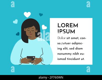 Vektorkonzept. Banner mit Platz für Text. Cartoon Wohnung afroamerikanische Frau schreibt Nachricht an Freund am Telefon. Sie verwendet die mobile App Stock Vektor