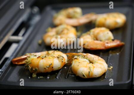 Garnelen werden mit Gewürzen gegrillt. Kochen Garnelen, leckeres Gericht Stockfoto