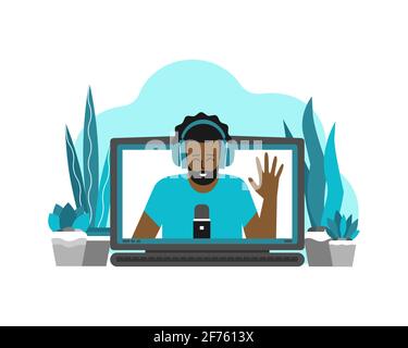 Vector flat Konzept mit Laptop und afroamerikanischen Mann (auf dem Bildschirm) zu Hause Aufnahme Video auf Webcam. Remote-Arbeit von Bloggern, Podcast-Hosts Stock Vektor