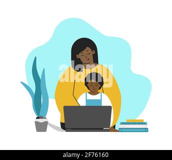Vektor isoliertes Konzept in flachem Stil. Afroamerikanische Mutter und Kind sitzen mit einem Laptop. Online-Bildung mit Klasse, Hausaufgaben machen Stock Vektor