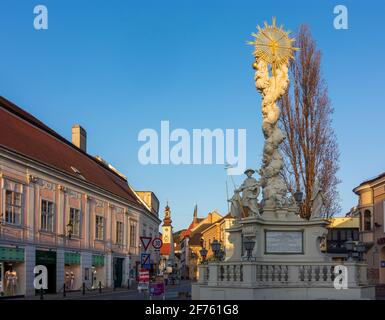 Mödling: Pestsäule (Marianische und Dreifaltigkeitssäule), Rathaus in Wienerwald, Wienerwald, Niederösterreich, Niederösterreich, Österreich Stockfoto