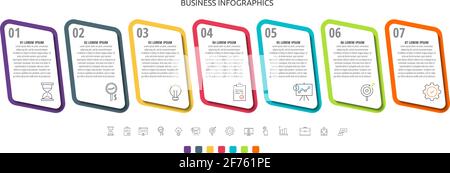Moderne und einfache flache Vektor-Infografik mit 7 Rechtecken, Schritten. Design mit Marketing für Zeitleiste, Diagramm, Workflow-Layout, Präsentationen Stock Vektor