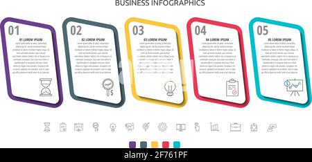 Moderne und einfache flache Vektor-Infografik mit fünf Rechtecken, Schritten. Design mit Marketing für Unternehmen, Web, Workflow-Layout, Präsentationen Stock Vektor