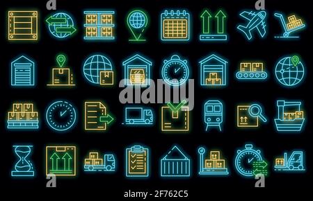 Symbole für den Warenexport gesetzt. Umriss Satz von Waren Export Vektor-Symbole Neonfarbe auf schwarz Stock Vektor