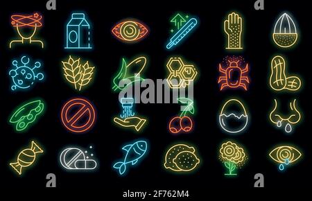 Symbole für Lebensmittelallergien eingestellt. Skizzieren Sie Set von Lebensmittelallergie Vektor-Symbole Neonfarbe auf schwarz Stock Vektor