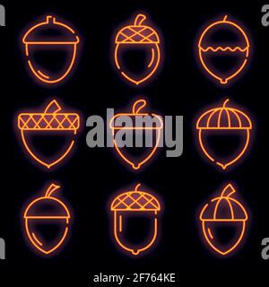 Acorn-Symbole eingestellt. Umreiß Set von Eichel Vektor-Symbole Neonfarbe auf schwarz Stock Vektor