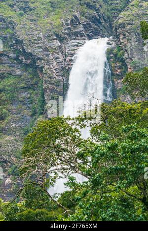 São Roque de Minas - MG, Brasilien - 13. Dezember 2020: Blick durch die Bäume des Casca D'anta Wasserfalls im Nationalpark der Canastra Sierra. Stockfoto