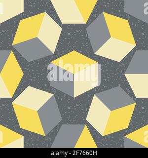 3D Cube Vektor nahtlose Muster Hintergrund. Frei schwebende gelb-graue Würfel auf strukturiertem Terrazzo-Hintergrund. Abstraktes Design mit geometrischen Formen Stock Vektor