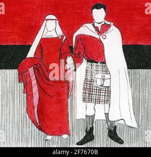 Mittelalterliche handgezeichnete Illustration. Historisch gekleideter Mann und Frau in traditioneller mittelalterlicher und schottischer Kleidung. Absract mittelalterliche Renaissance Illustration in schwarz rot weiß Stockfoto