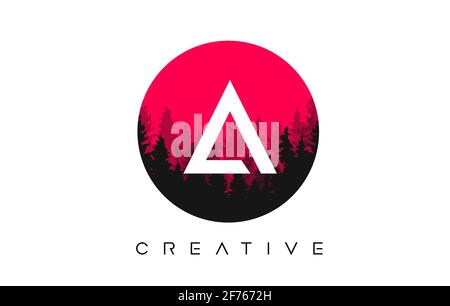 Ein Buchstabe Logo Design mit Kiefernwald Vektor Formen und Rote kreisförmige Form Farbdarstellung Stock Vektor
