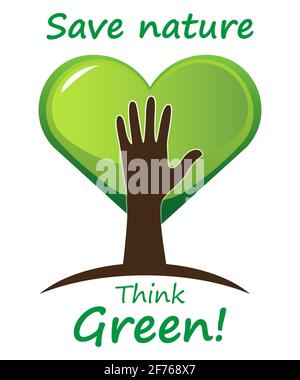 Denken Sie grün. Entsorgen, die Erde retten oder das Konzept der globalen Erwärmung stoppen, das durch das grüne Zeichen dargestellt wird. Isoliert auf Weiß. Vektorgrafik Stock Vektor