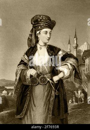 Lady Mary Wortley Montagu in türkischer Kleidung, (1689-1762).Lady Montagu wird mit der Einführung der osmanischen Pockenimpfung in Großbritannien, Stockfoto