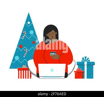 Vektor-isoliertes flaches Konzept. Cartoon-Figur der afroamerikanischen Frau sitzt zu Hause mit Weihnachtsbaum, Geschenk-Boxen. Glückliches Mädchen bestellt Geschenke Stock Vektor