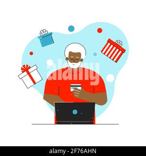 Vektor-Flat-Konzept. Cartoon african american Senior man ist vor Weihnachten online einkaufen. Der alte Mann bestellt mit einem Laptop Geschenke im Internet. Stock Vektor
