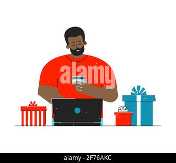 Vektor flache Illustration über Online-Shopping. Cartoon afroamerikanischer Mann ist zu Hause. Guy sitzt mit einem Laptop und bestellt Geschenke im Internet. E-Commerce Stock Vektor