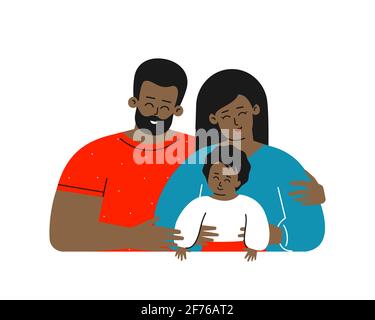Vektor flach isoliert Illustration mit Comic-Figuren. afroamerikanische Familie mit jungen erwachsenen Eltern lächeln. Glückliche Mutter kuschelt ihr Baby Stock Vektor