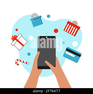 Vector flaches Konzept mit Händen der Person. Die Finger geben Kreditkartendaten ein, um Geschenke auf der Website zu bestellen. Verwendung der Mopile-App des E-Commerce-Marktplatzes Stock Vektor