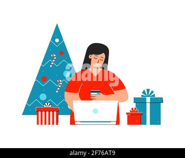 Vektor isolierte flache Illustration über Online-Shopping. Cartoon-Figur der glücklichen kaukasischen Frau. Sie sitzt zu Hause geschmückt von Weihnachtsbaum Stock Vektor