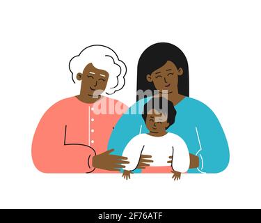 Vektor flache Illustration für Muttertag. Porträt einer afroamerikanischen Familie. Glückliche Mutter umarmt ihr niedliches kleines Kind, alte Großmutter lächelt Stock Vektor