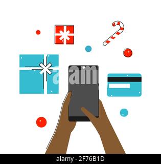 Vektor flache Illustration mit Nahaufnahme Hände der Person. Er gibt Kreditkartendetails ein, um Geschenke vor Weihnachten auf der Website zu bestellen. Mobile App Stock Vektor