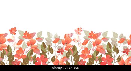 Floraler Nahtlosrand, Muster. Dekorative Bordüre mit orangen Blüten, grünen Blättern. Florale Elemente isoliert auf weißem Hintergrund. Stockfoto