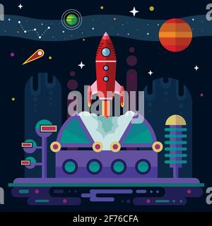 Vektor flache Raumelemente mit Raumschiff, Raumstation, Milchstraße und Planeten. Stock Vektor