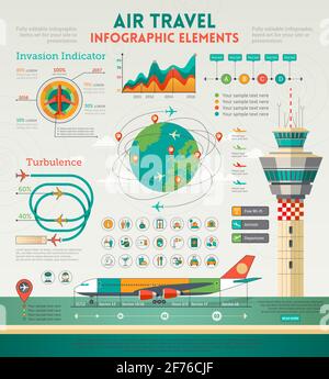 Infografik-Elemente für Flugreisen mit Flugzeug, Kontrollturm und Designelementen. Stock Vektor