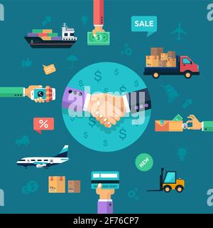 Logistik- und Lieferkonzept-Poster mit weltweiter Transport- und Lagerhaltung. Abstrakte Vektordarstellung mit festgelegten Transportelementen Stock Vektor