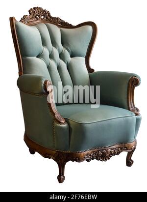 Altmodischer blauer Vintage-Sessel, isoliert auf Weiß Stockfoto