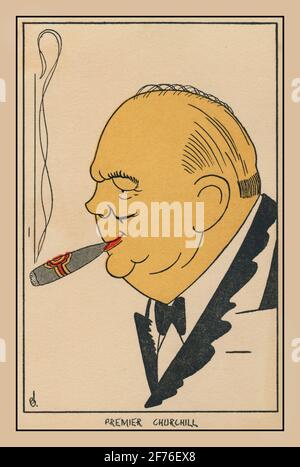 Britischer Premierminister WINSTON CHURCHILL, Karikatur des Premierministers aus dem 2. Weltkrieg Winston Churchill raucht seine ikonische Zigarre im Zweiten Weltkrieg Stockfoto
